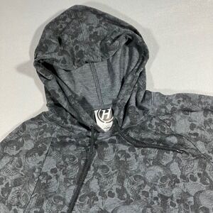 Y2K Mens L Short Sleeve Hoodie Charcoal Grey All Over Skull Print Size Skater